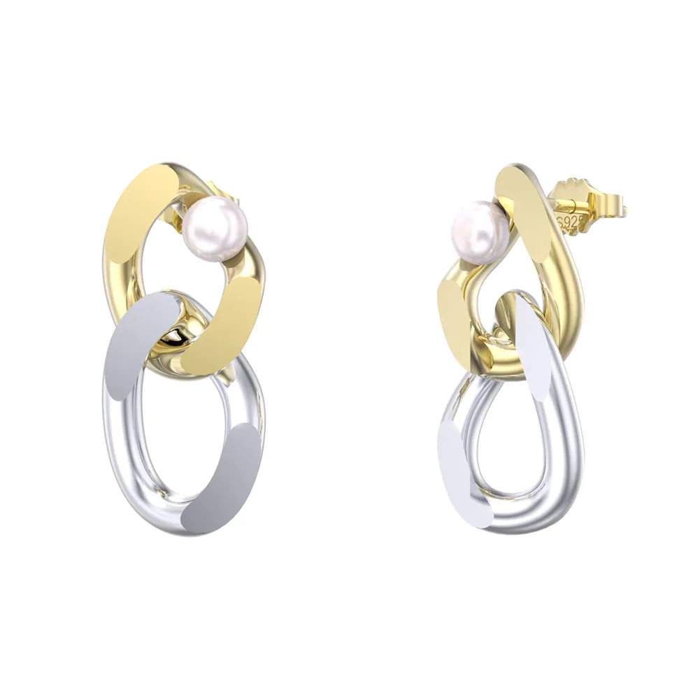 Two tone silver and gold link earrings with pearl detail
