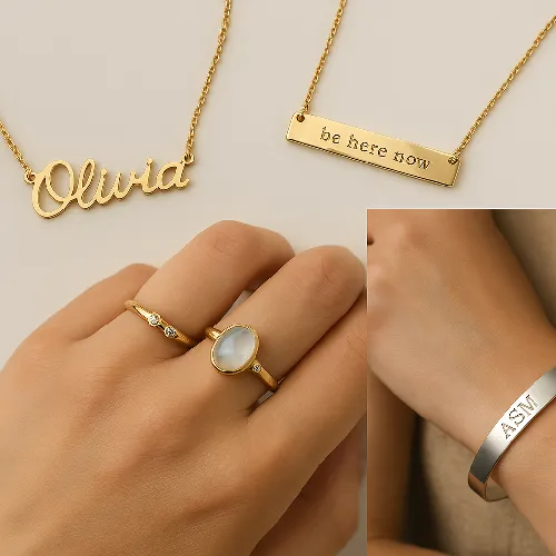 Personalized jewelry portfolio, including custom name necklaces, engraved pendants, jeweled rings and alphabet bracelets. Personalized jewelry portfolio, including custom name necklaces, engraved pendants, jeweled rings and alphabet bracelets.