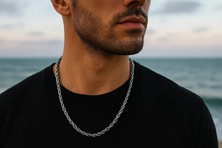 Man wearing stainless steel rope chain necklace by the sea Man wearing stainless steel rope chain necklace by the sea
