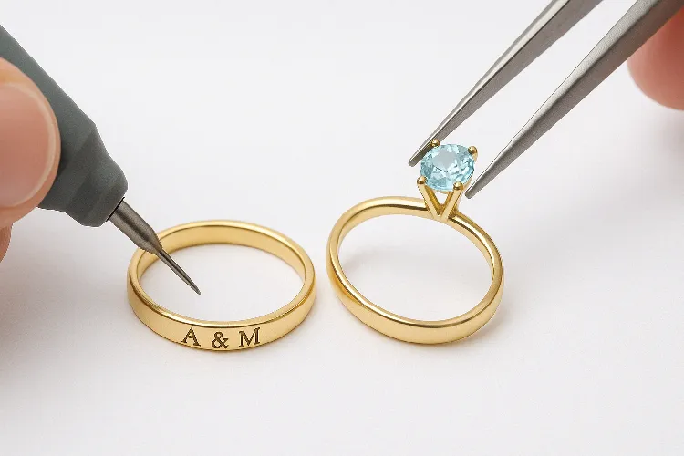 Light customization of jewelry with engraving and birthstone setting Light customization of jewelry with engraving and birthstone setting