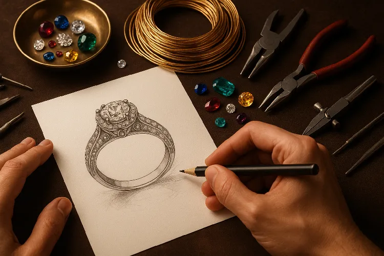 Full jewelry customization process with unique design sketches and materials Full jewelry customization process with unique design sketches and materials