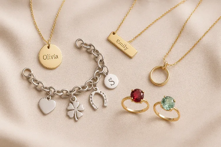 Various types of personalized jewelry, including engraved pieces and birthstone rings. Various types of personalized jewelry, including engraved pieces and birthstone rings.