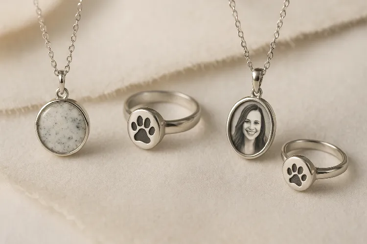 Collection of commemorative jewelry: ashes jewelry, paw print rings, photo pendants.