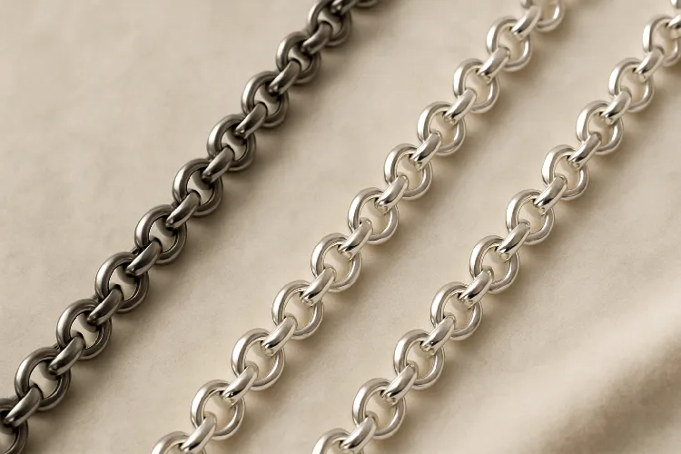 Stainless steel and sterling silver rolo chain necklaces side by side Stainless steel and sterling silver rolo chain necklaces side by side