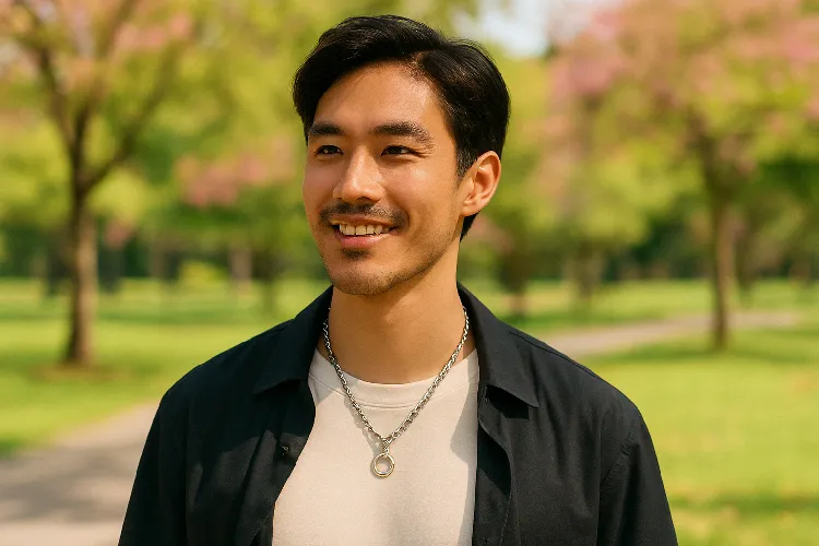 Model showcasing a stainless steel rolo chain with pendant in a casual, stylish look. Model showcasing a stainless steel rolo chain with pendant in a casual, stylish look.