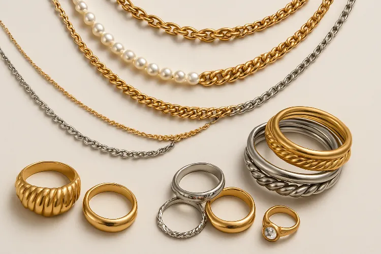 A variety of gold and silver ring and necklace combination, fashion folding style. A variety of gold and silver ring and necklace combination, fashion folding style.