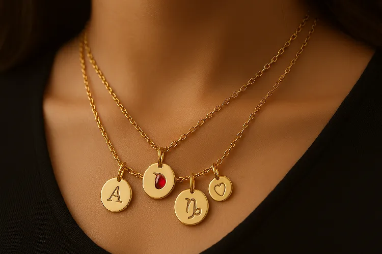 Charms necklace with personalised elements such as letters, birthstones and constellations. Charms necklace with personalised elements such as letters, birthstones and constellations.