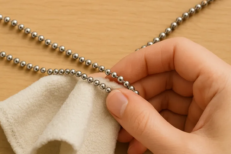 Hand clean the silver bead chain to keep the jewelry shiny. Hand clean the silver bead chain to keep the jewelry shiny.