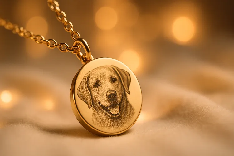 Personalized memorial jewelry with photo engraving of a pet.