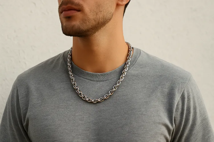 Men's casual outfit with thick stainless steel rope chain Men's casual outfit with thick stainless steel rope chain