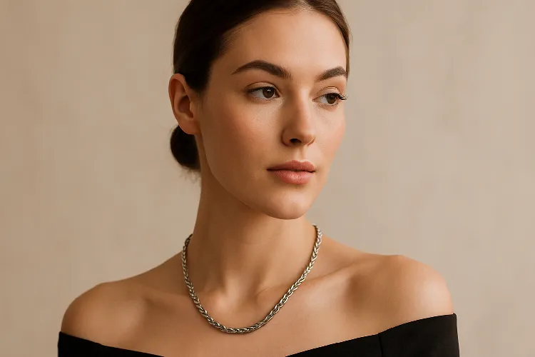 Elegant woman with stainless steel rope chain necklace Elegant woman with stainless steel rope chain necklace
