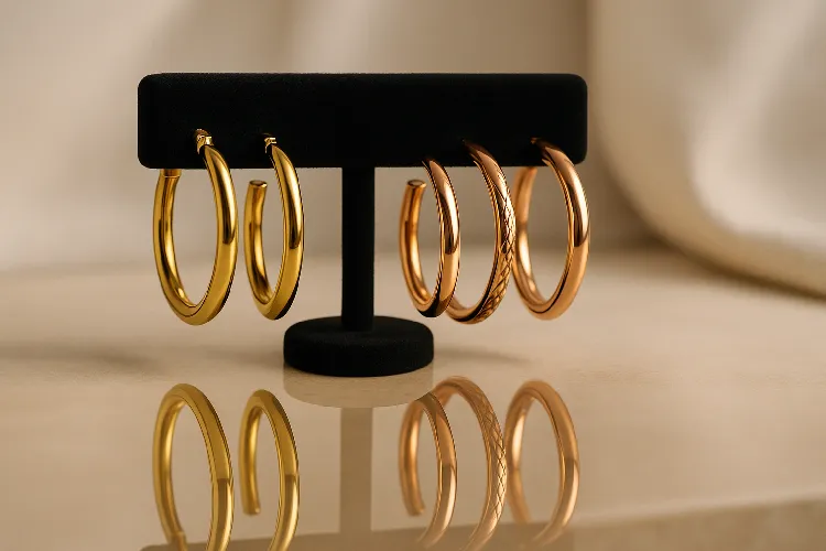High-gloss display of electroplated gold and rose gold earrings High-gloss display of electroplated gold and rose gold earrings