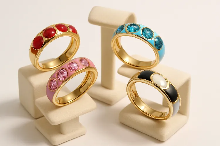 A jewelry collection filled with enamel in bright colors A jewelry collection filled with enamel in bright colors