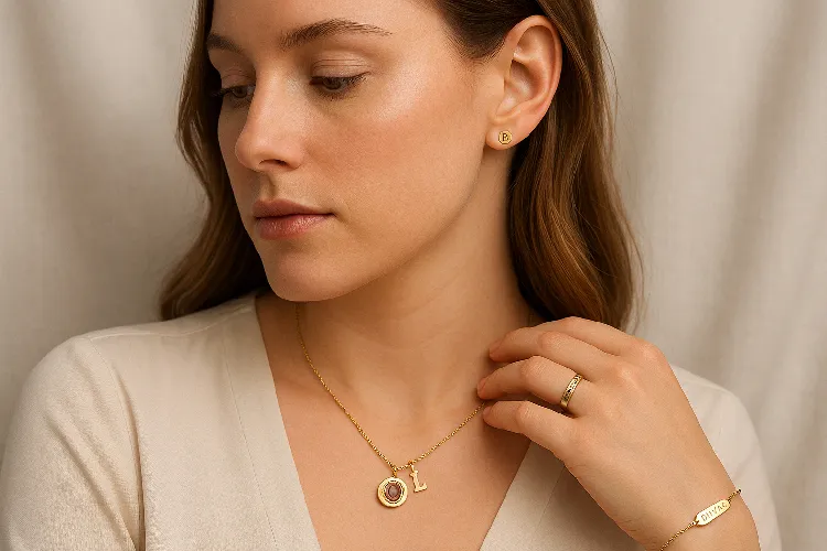 Variety of personalized jewelry pieces, including necklaces, rings, and earrings, with custom engravings Variety of personalized jewelry pieces, including necklaces, rings, and earrings, with custom engravings