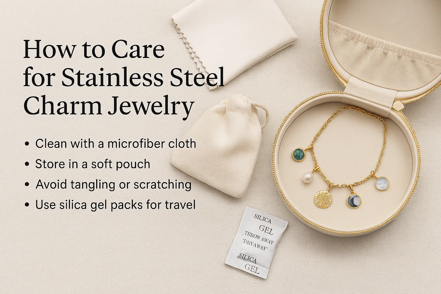 Stainless Steel Charms Jewelry care guide, including cleaning, storage and travel advice.