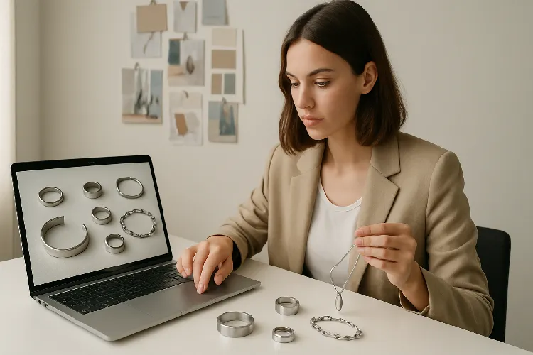Jewelry business owner exploring stainless steel styles online Jewelry business owner exploring stainless steel styles online