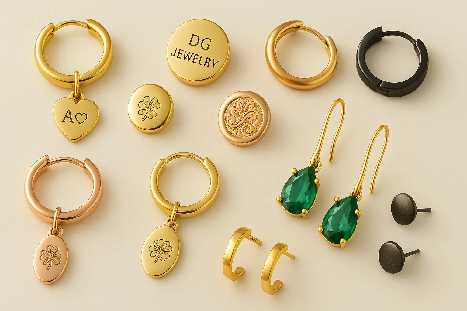 Customized stainless steel earrings with charms, engraving, and various finishes