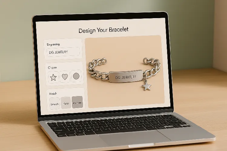 "Screen showing a website for customizing stainless steel bracelets, with engraving and charm options "Screen showing a website for customizing stainless steel bracelets, with engraving and charm options