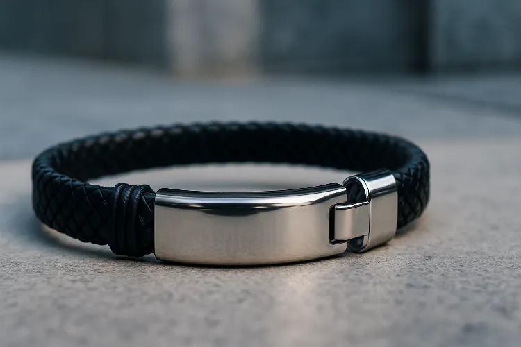A modern street style bracelet combining leather and stainless steel A modern street style bracelet combining leather and stainless steel