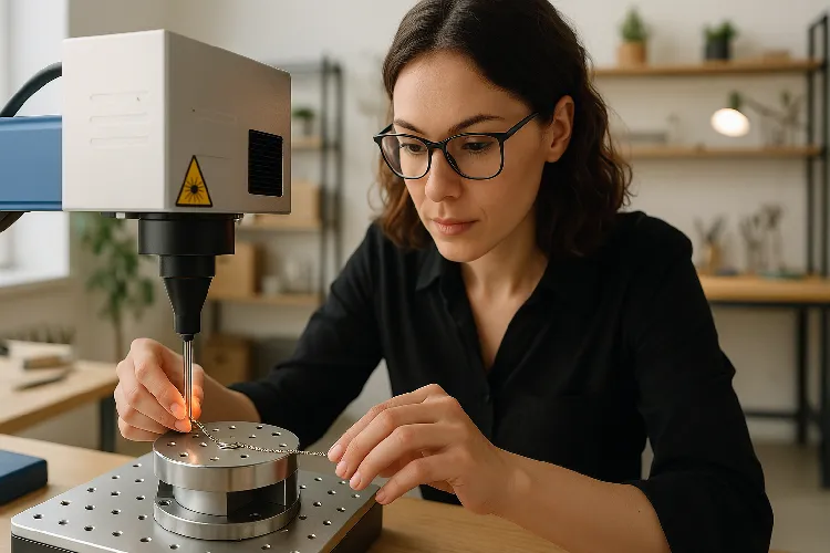 Jewelry designer engraving a stainless steel necklace in a professional workshop. Jewelry designer engraving a stainless steel necklace in a professional workshop.
