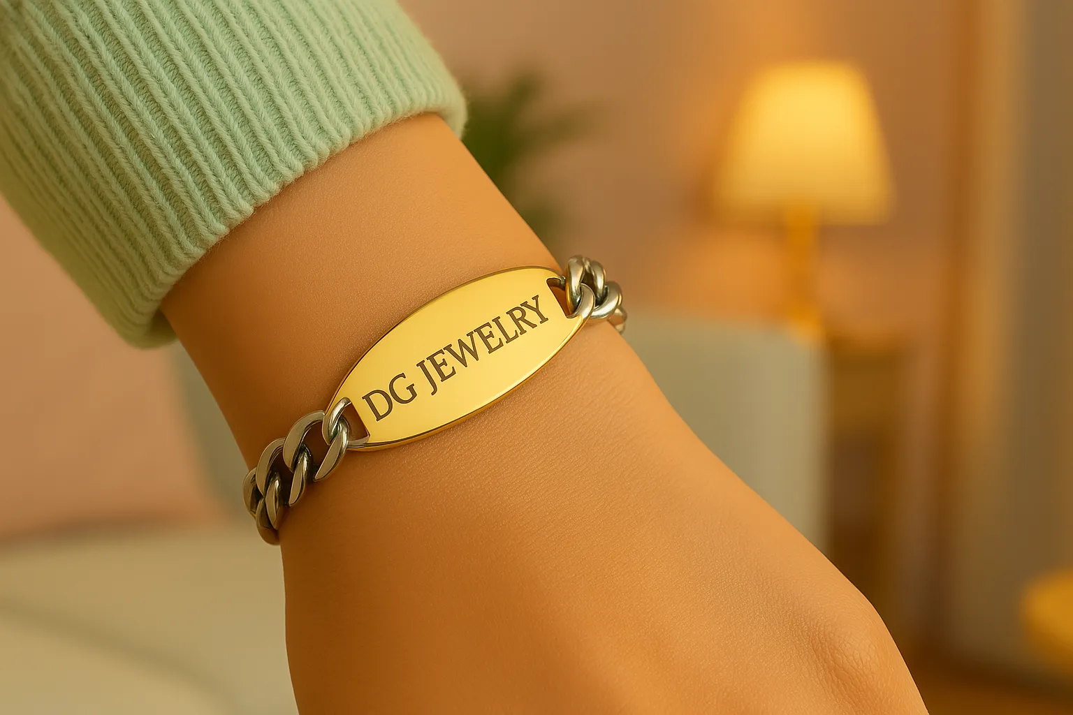 a two-tone stainless steel bracelet with 'DG JEWELRY' engraving