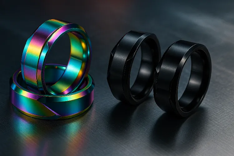 Stainless steel rings with rainbow and black PVD coating Stainless steel rings with rainbow and black PVD coating