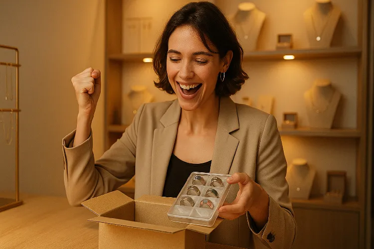 Jewelry store owner receiving wholesale stainless steel stock Jewelry store owner receiving wholesale stainless steel stock