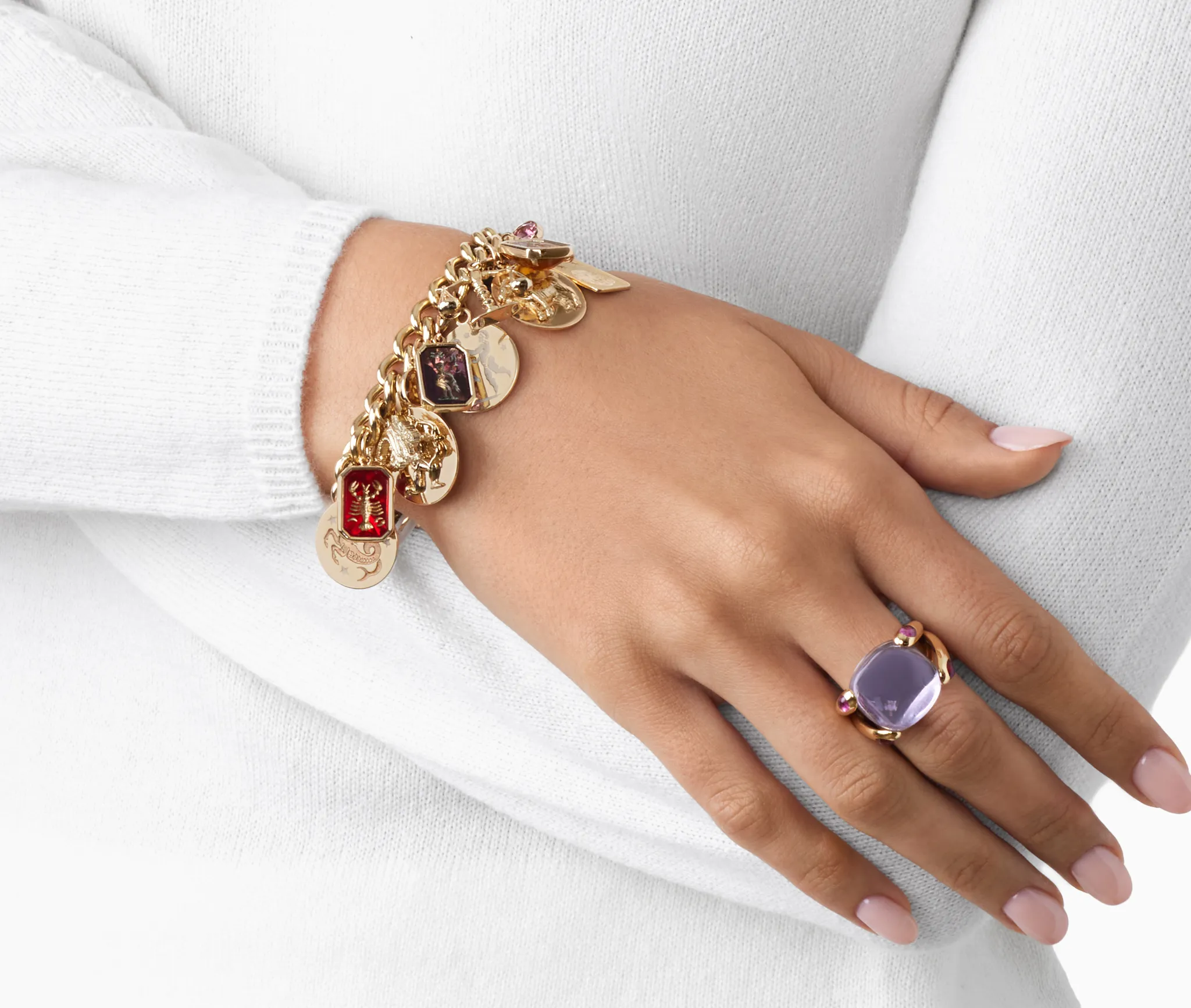 Charms Jewelry bracelet and purple gem ring, show unique style.