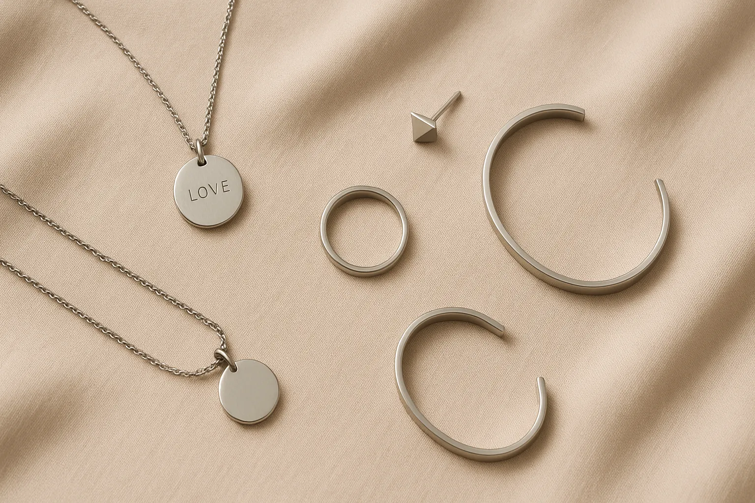 Minimalist style stainless steel ring, stud earrings, necklace and bracelet combination display picture