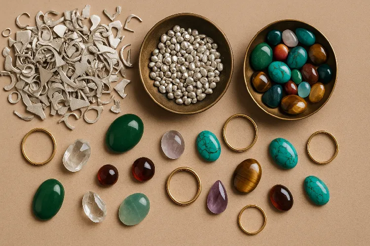 Sustainable materials like recycled metals and gemstones.