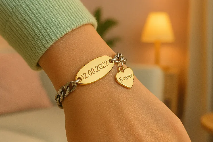 "Person wearing a custom stainless steel bracelet with meaningful engravings and charms in a cozy setting. "Person wearing a custom stainless steel bracelet with meaningful engravings and charms in a cozy setting.