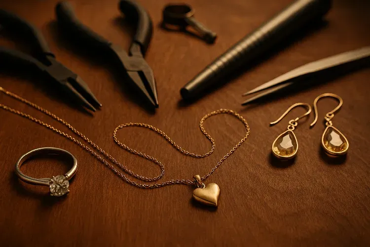 Jewelry designer’s tools and finished pieces symbolizing brand story.