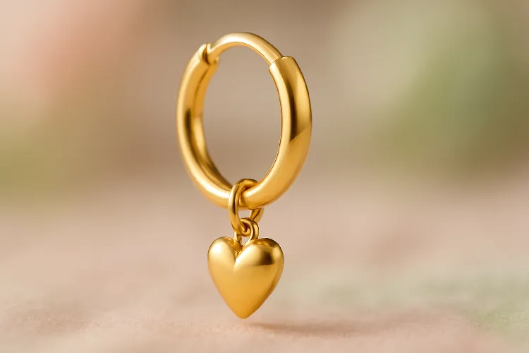 Gold stainless steel hoop earrings with a charm, showcasing versatility Gold stainless steel hoop earrings with a charm, showcasing versatility