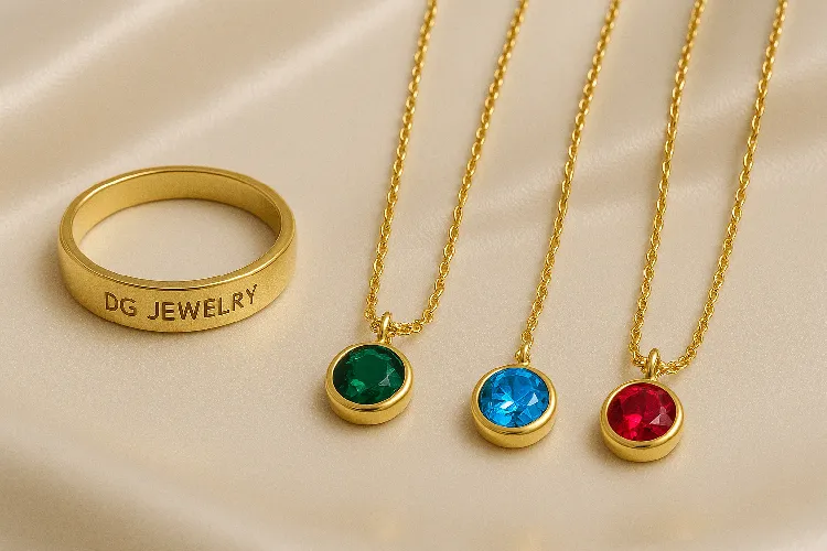 A collection of personalized jewelry pieces, showcasing initials and birthstones. A collection of personalized jewelry pieces, showcasing initials and birthstones.
