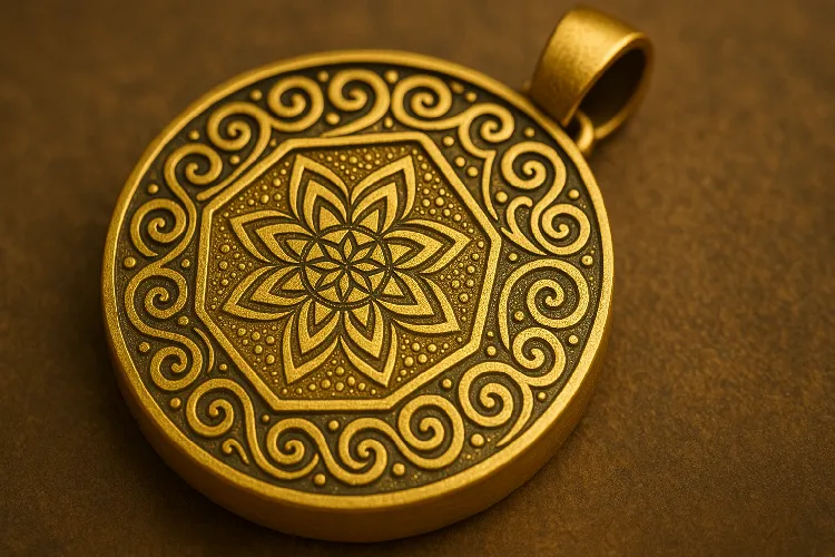 A close-up of the pendant with geometric engravings and pattern textures A close-up of the pendant with geometric engravings and pattern textures