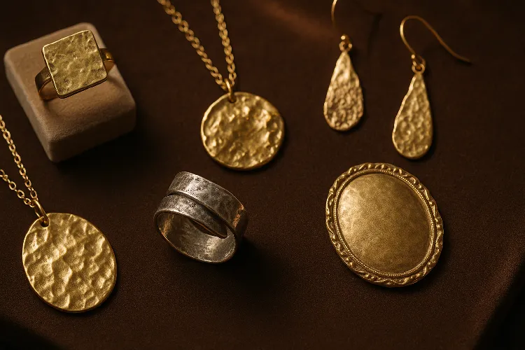 A combination display of handcrafted jewelry with different surface treatment techniques A combination display of handcrafted jewelry with different surface treatment techniques