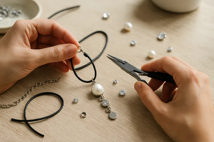 The designer customizes pearl, zircon and leather stainless steel jewelry in the studio The designer customizes pearl, zircon and leather stainless steel jewelry in the studio