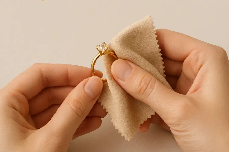 Person cleaning personalized jewelry, emphasizing care and maintenance. Person cleaning personalized jewelry, emphasizing care and maintenance.