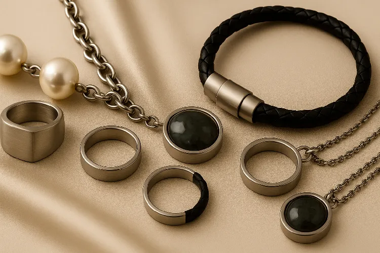 Stainless steel jewelry with a mixed design of pearls, leather and gemstones Stainless steel jewelry with a mixed design of pearls, leather and gemstones