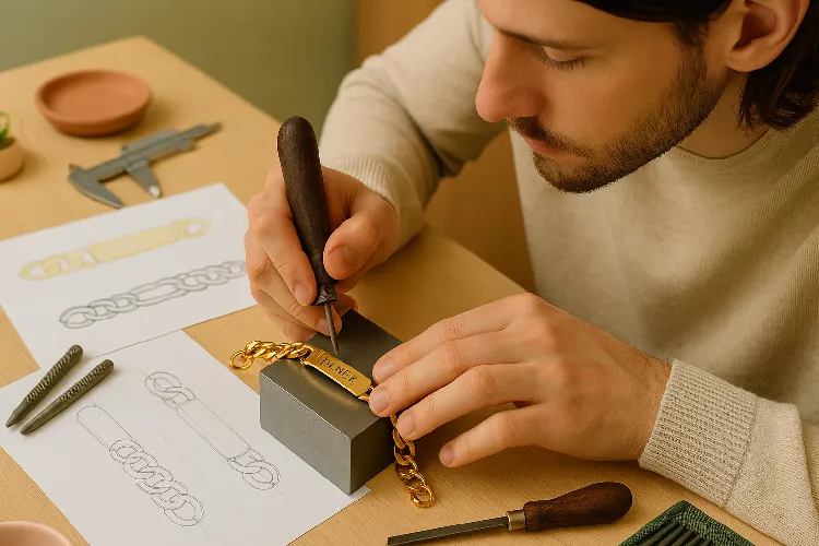 Jeweler engraving a personalized message on a stainless steel bracelet in a cozy studio. Jeweler engraving a personalized message on a stainless steel bracelet in a cozy studio.