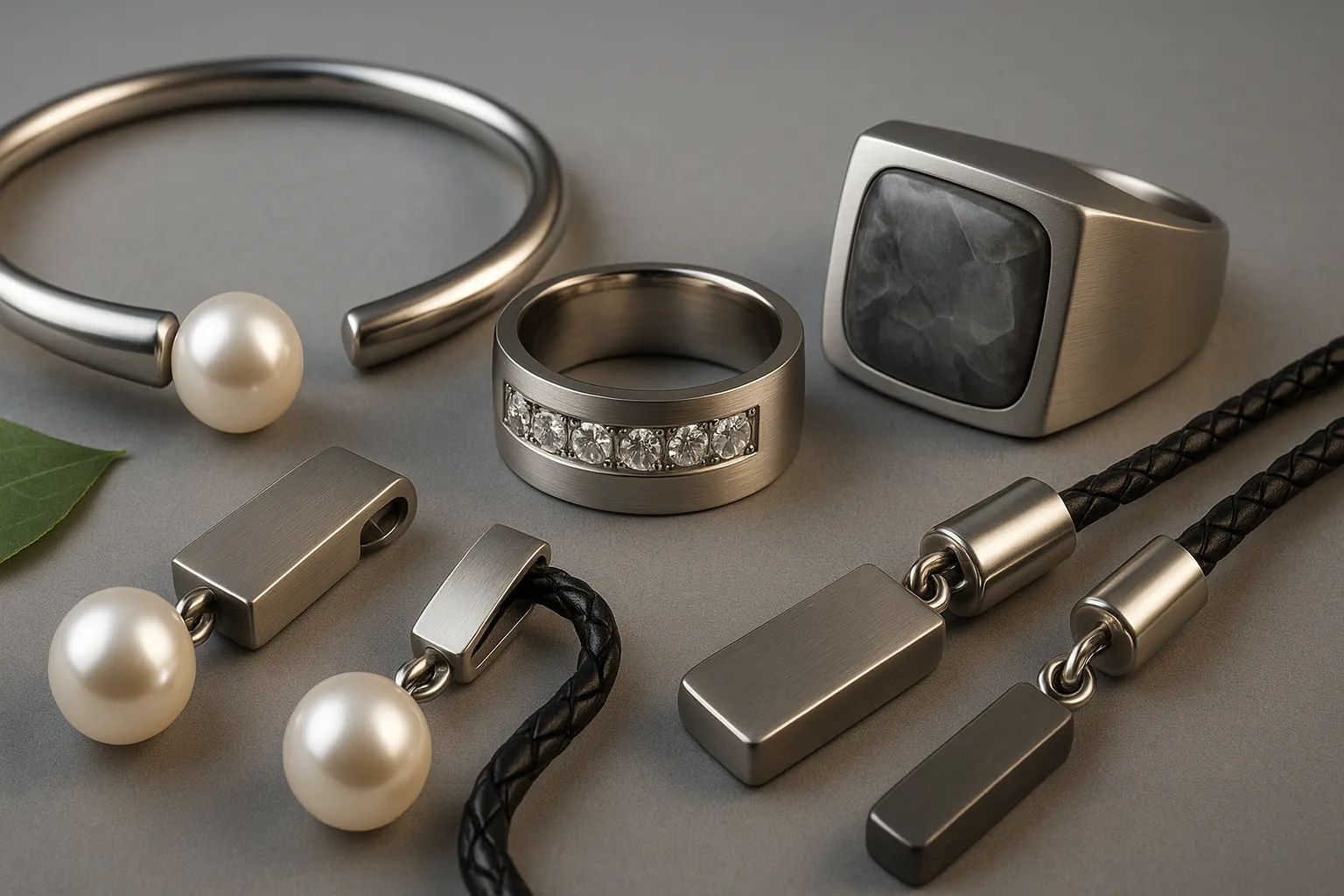 Custom-made stainless steel jewelry combining pearls, zircon, leather and resin