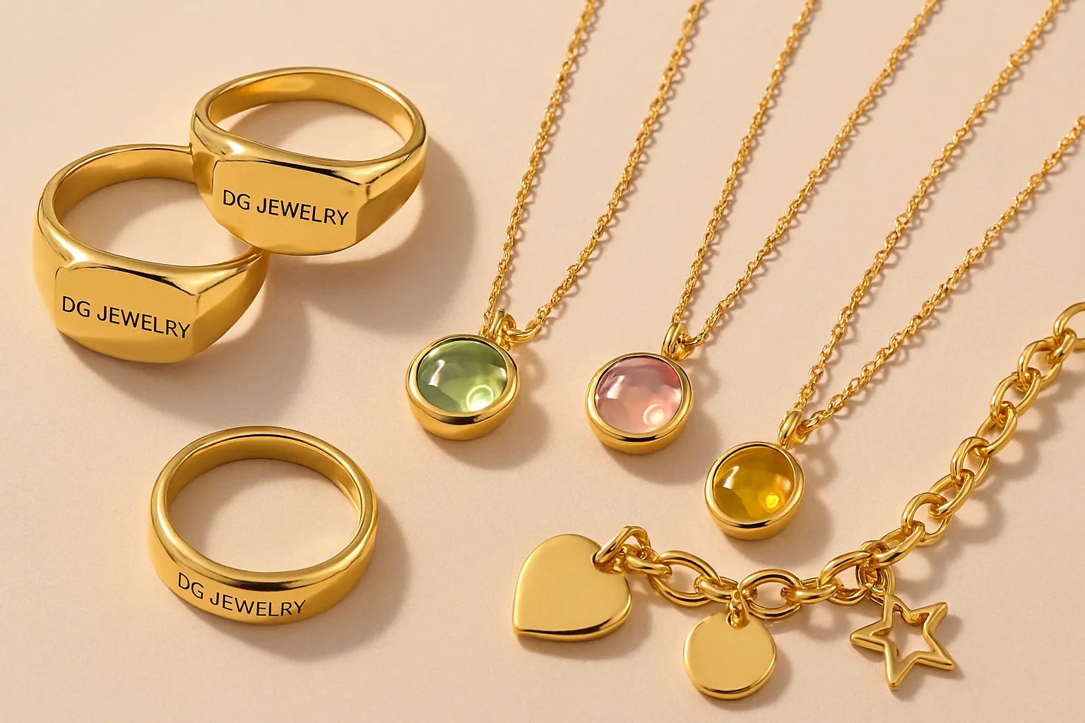 Elegant collection of personalized jewelry pieces including engraved rings, necklaces, and bracelets