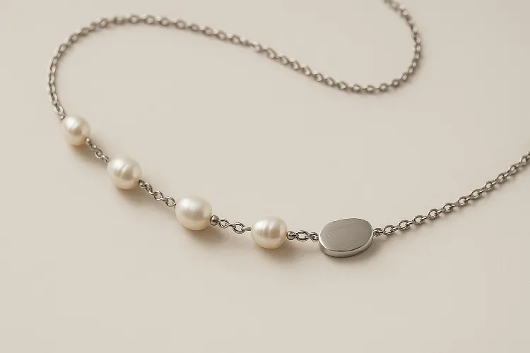 An elegant necklace combining pearls and stainless steel pendants An elegant necklace combining pearls and stainless steel pendants