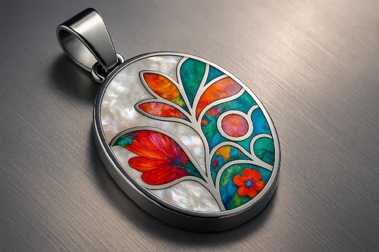 A stainless steel pendant inlaid with mother-of-pearl and resin A stainless steel pendant inlaid with mother-of-pearl and resin