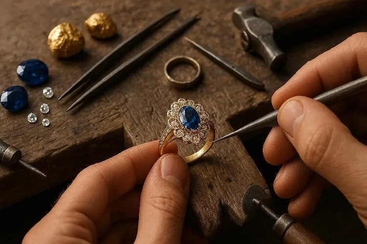 Close-up of jewelry being crafted with tools and gemstones