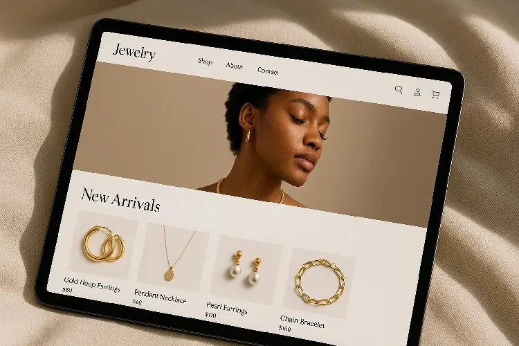 Jewelry brand’s online store interface on a laptop.