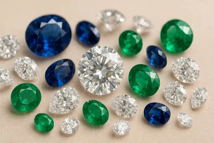 Close-up of high-quality gemstones like diamonds and sapphires.