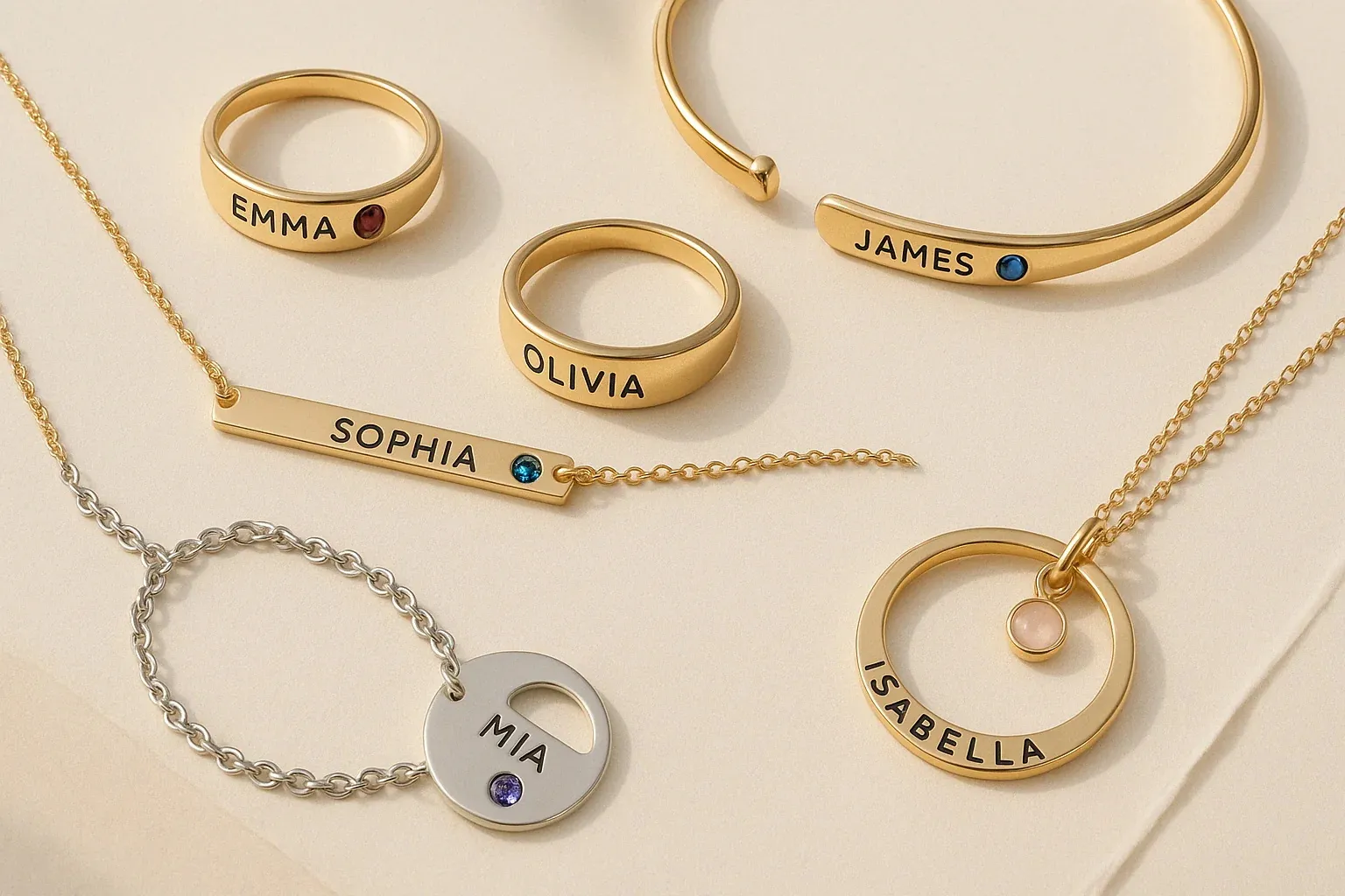 Personalized jewelry featuring engraved names and birthstones