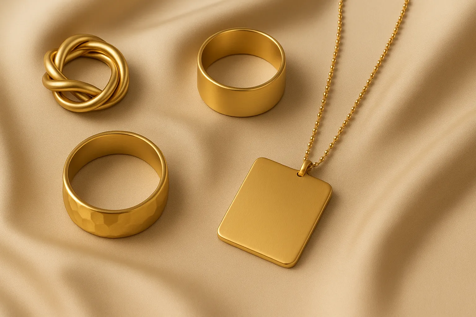 Close-up of high-end custom jewelry with various surface treatments