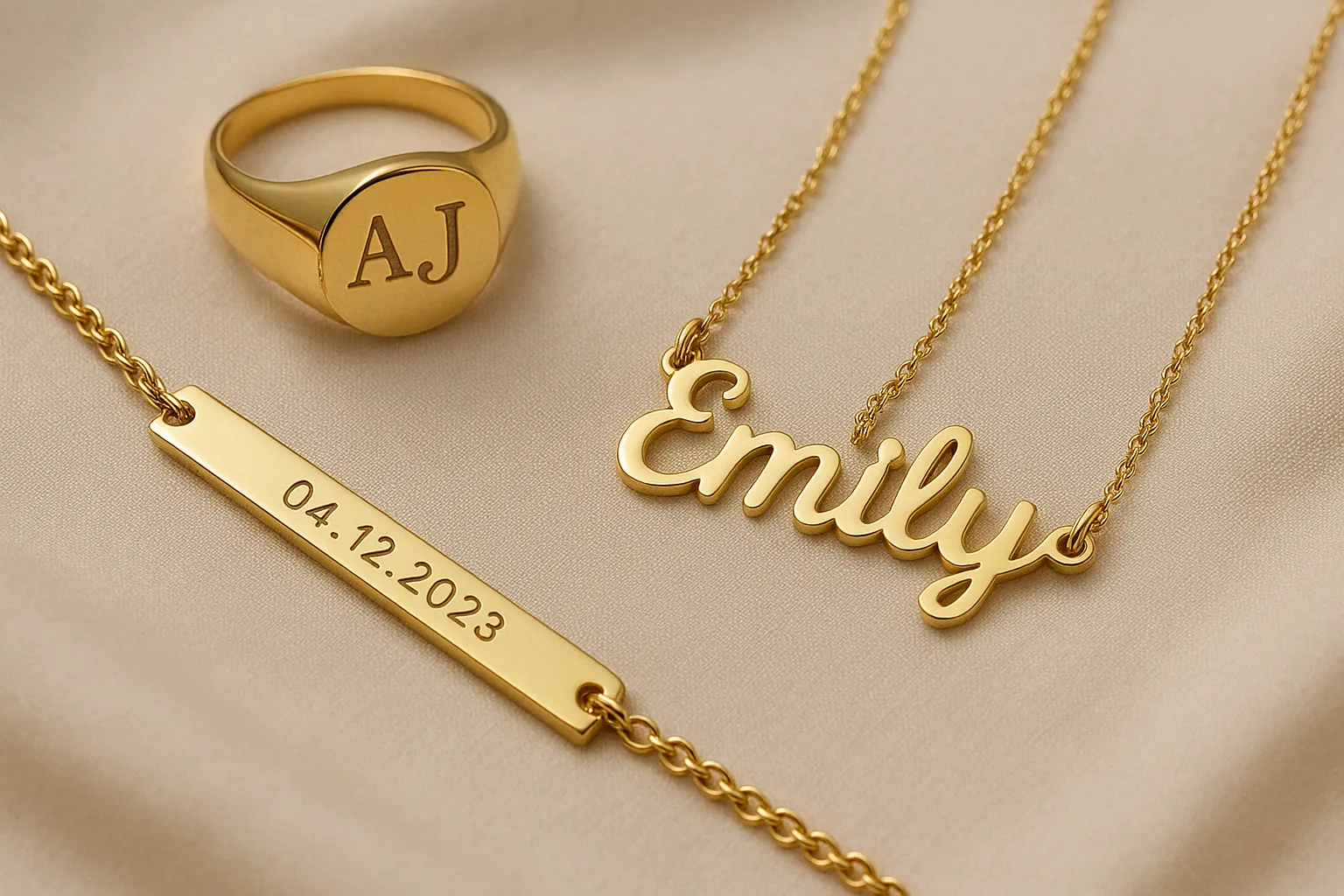 Close-up of personalized gold jewelry pieces: a ring with initials, a necklace with a name, and an engraved bracelet
